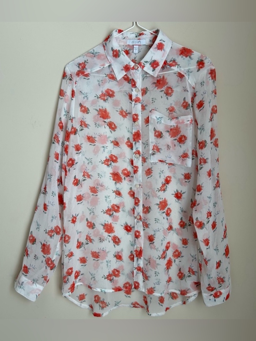 Delia's Sheer Floral Print Collared Long Sleeve Button Down Top Shirt Blouse SzS